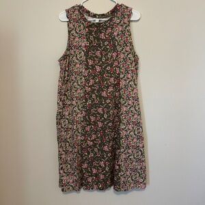 J. Jill Olive green floral, mixed-fabric a-line dress w/ pockets L